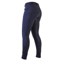 Navy CoolMax Breeches showing side view with phone pocket and silicone grip seat