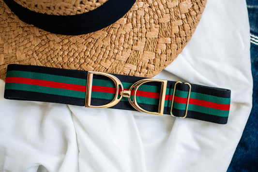 Stirrup Belt - Black,Green & Red Stripe- Gold Stirrup