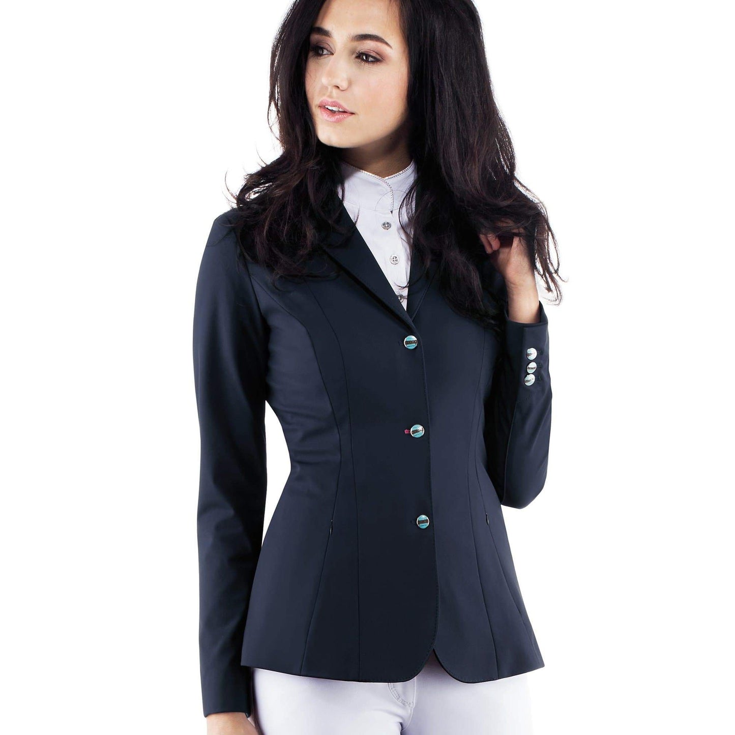 Woman modeling a black Animo brand riding jacket.