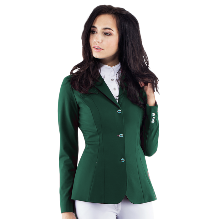 Woman in green Animo riding jacket with silver buttons.