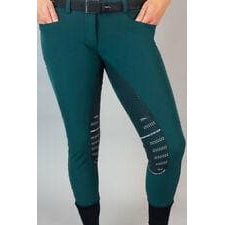 Animo brand green riding breeches with logo on the leg.