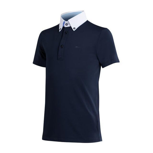 Anna Scarpati navy polo shirt with white collar, no model.