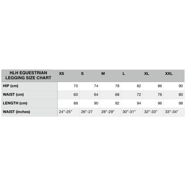 Size chart for horse riding tights with hip, waist, and length measurements.