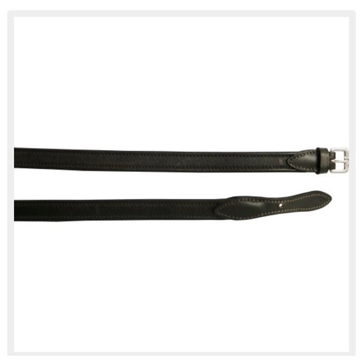 Black leather horse riding reins with silver buckle, close-up.