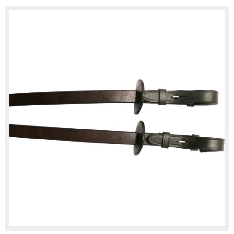 Two leather horse riding reins with buckle ends, isolated.