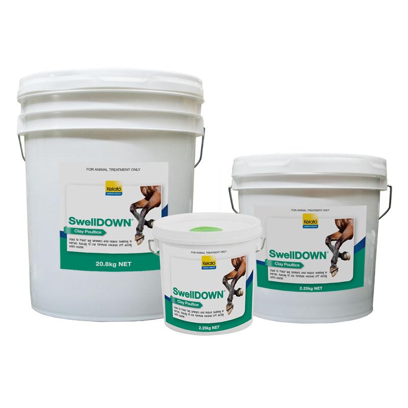 Kelato SwellDOWN Clay Poultice in three different sized containers.