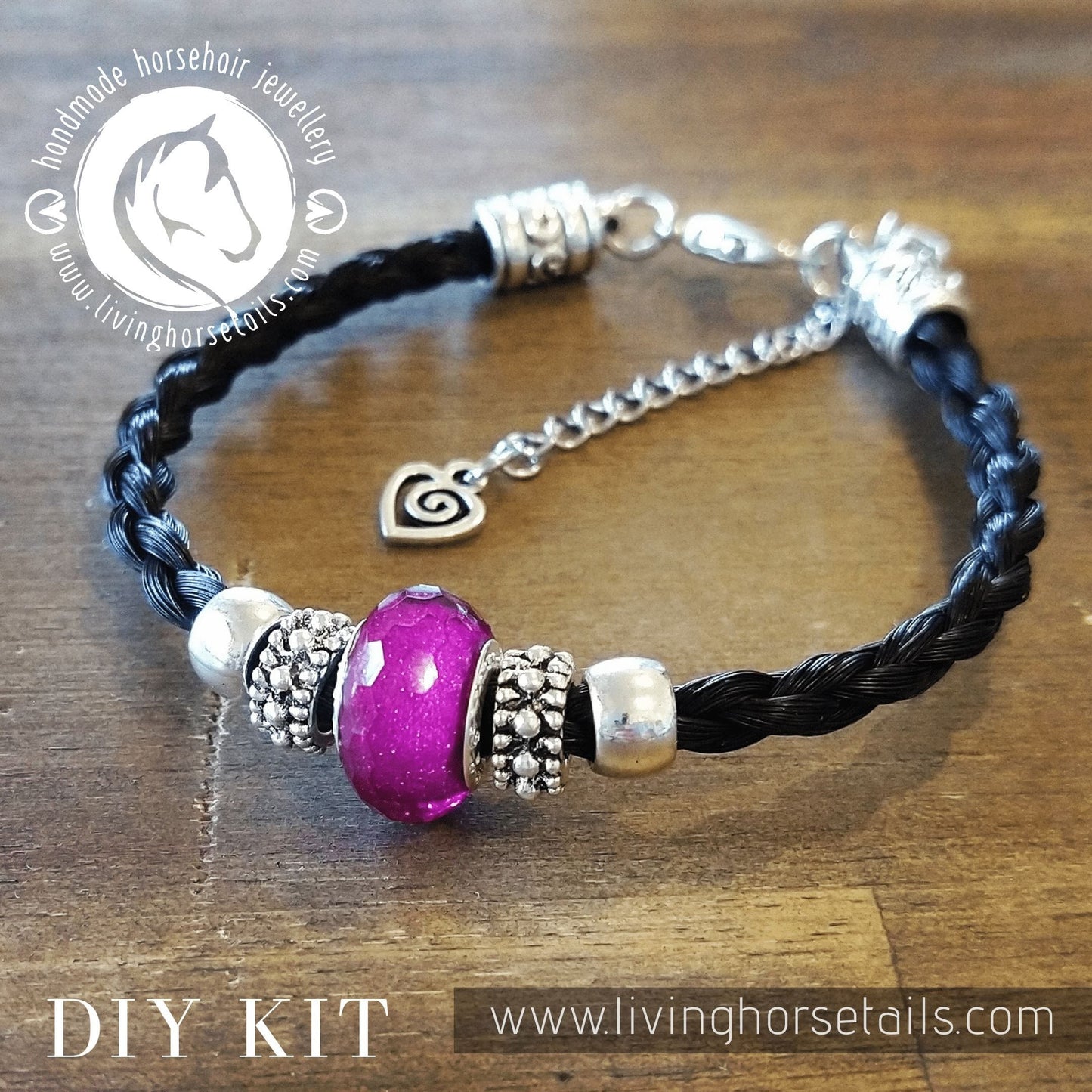 DIY Kit for Horsehair Braided Bracelet with Acrylic Bead Bracelet Magenta Acrylic - Stock DIY-BR-ACR-MAG Living Horse Tails Handmade Jewellery Custom Horse Hair Keepsakes Australia