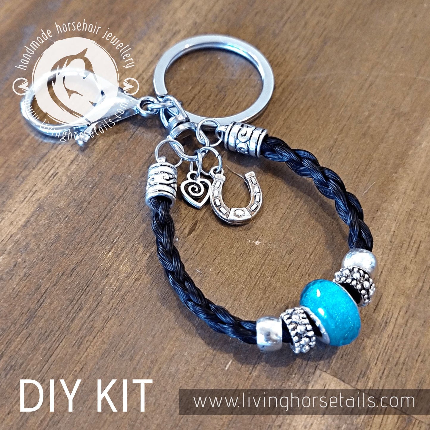 Living Horse Tails DIY KIT Keyring with acrylic glitter bead. Make your own with Horse tail hair. Custom jewellery Monika Australia horsehair keepsake