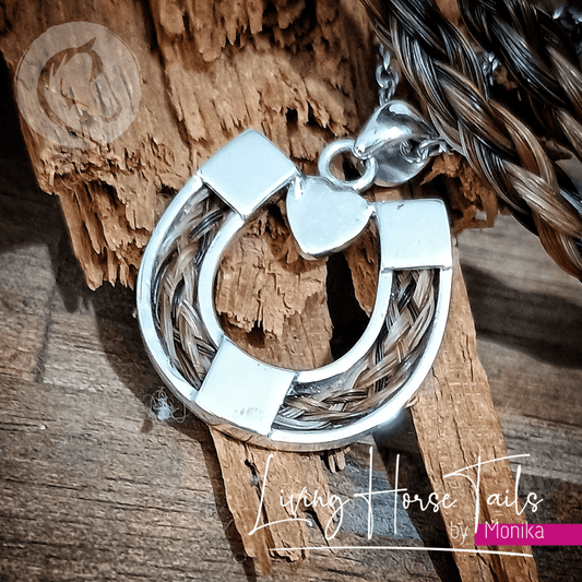 Living Horse Tails Horseshoe with Heart Pendant inlaid with Horse Hair Braid Custom jewellery Monika Australia horsehair keepsake