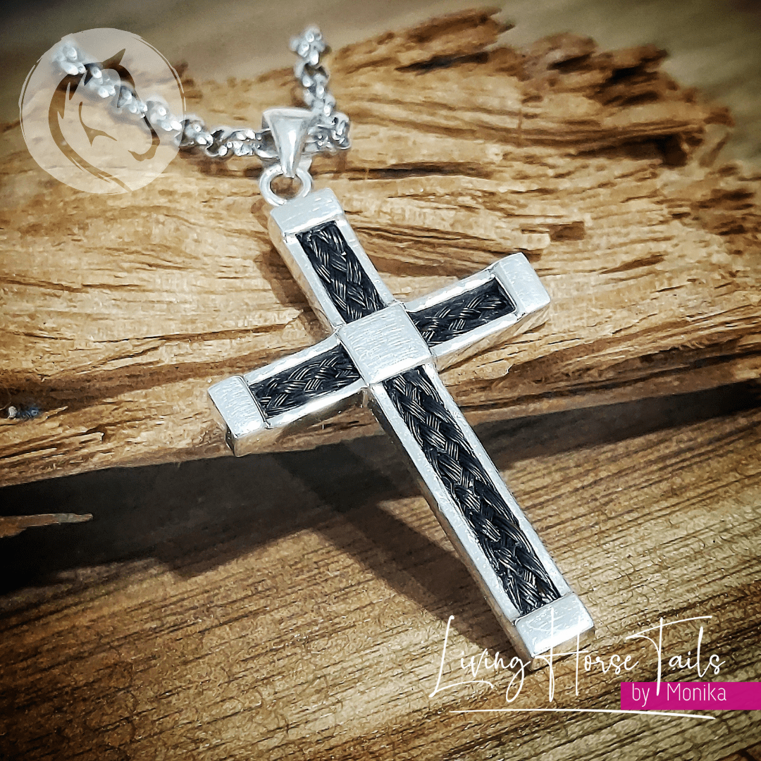 Living Horse Tails Sterling Silver Cross Pendant inlaid with Hair Custom jewellery Monika Australia horsehair keepsake