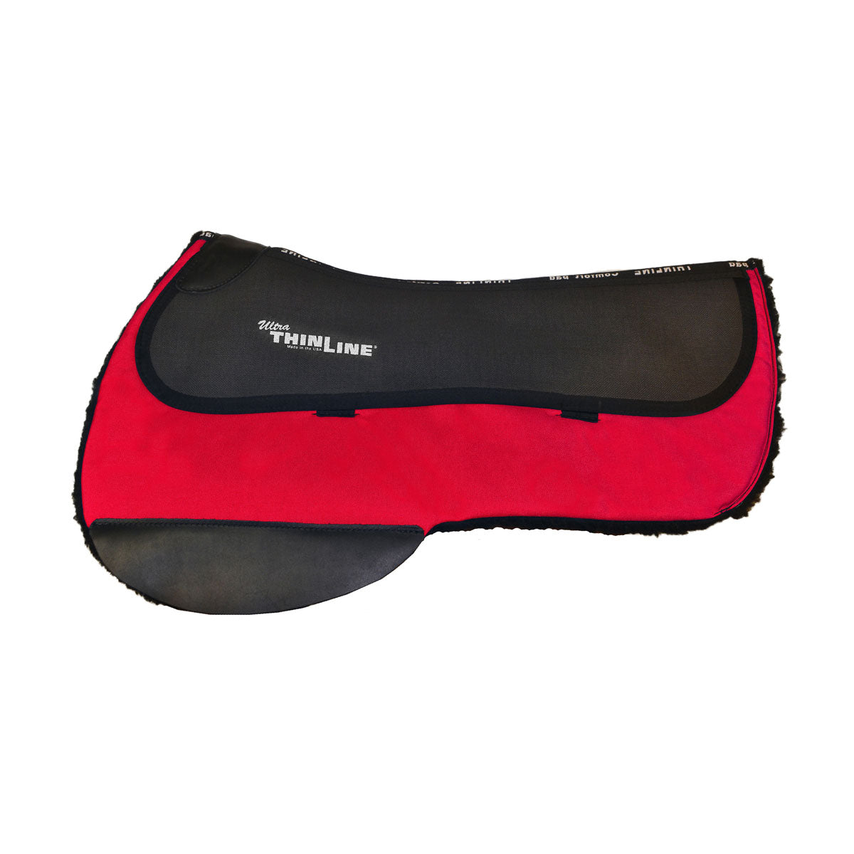 Thinline red and black saddle pad for equestrian use.