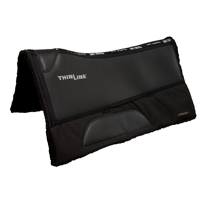 Black Thinline horse saddle pad with ergonomic design and logo.