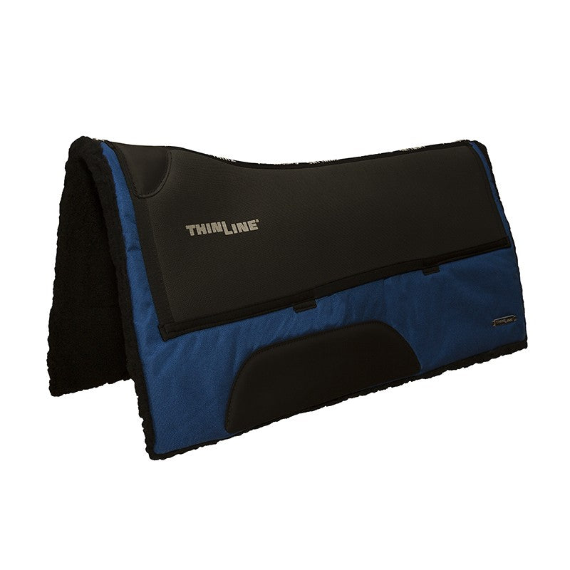 Thinline black and blue saddle pad with brand logo.