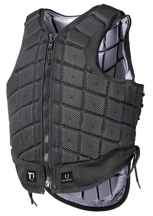 Black horse riding safety vest with padding and zipper front.