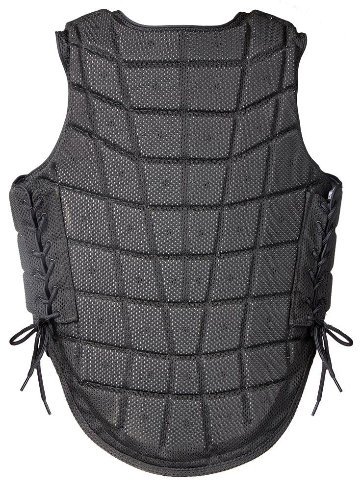 Black padded horse riding safety vest with adjustable side laces.