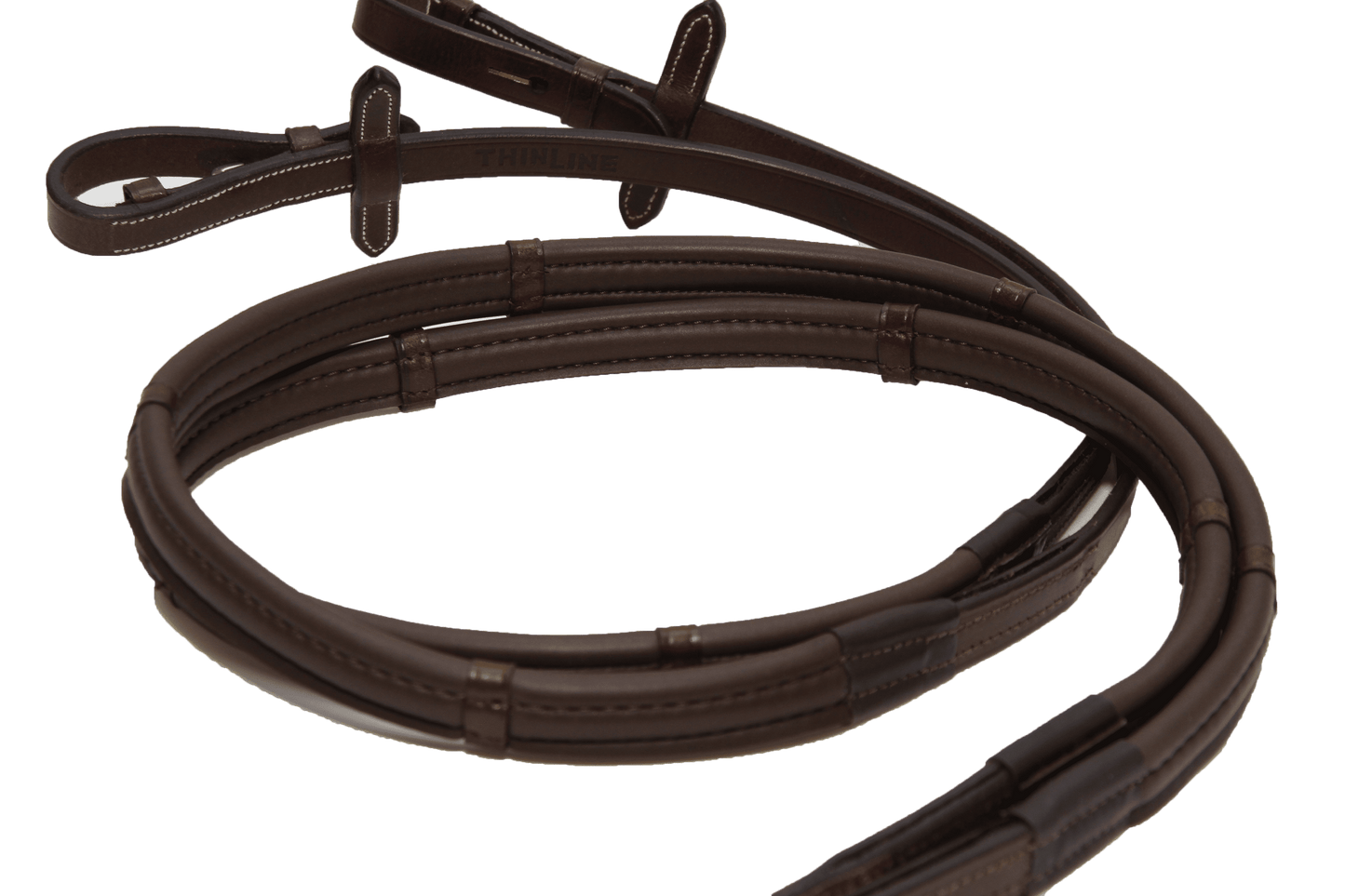 Brown Thinline horse reins with detailed stitching and padding.