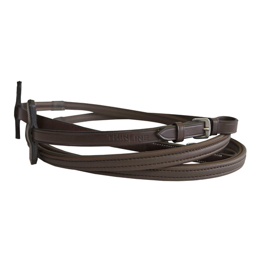 Thinline brown leather reins with buckle and embossed branding.