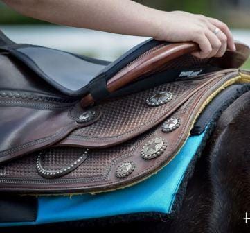 Hand resting on Thinline brown leather saddle with decorative details.