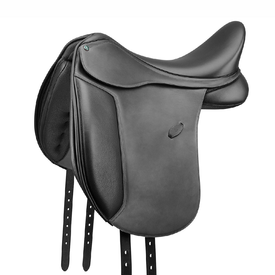 Black Arena Saddles dressage saddle isolated on white background.