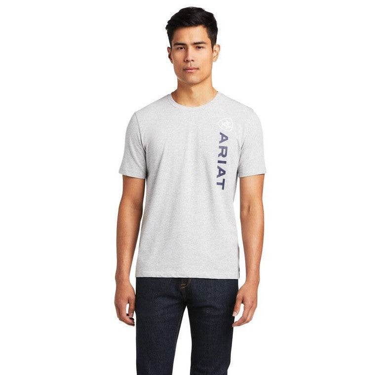 Tee Shirt Ariat Vertical Logo Heather Grey Sp22 Mens-Ascot Saddlery-The Equestrian