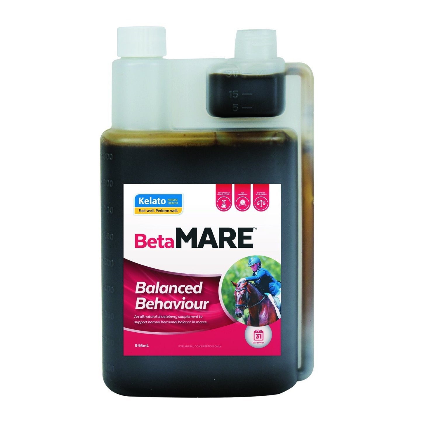 Kelato BetaMare 946mL supplement for balanced behavior in mares.