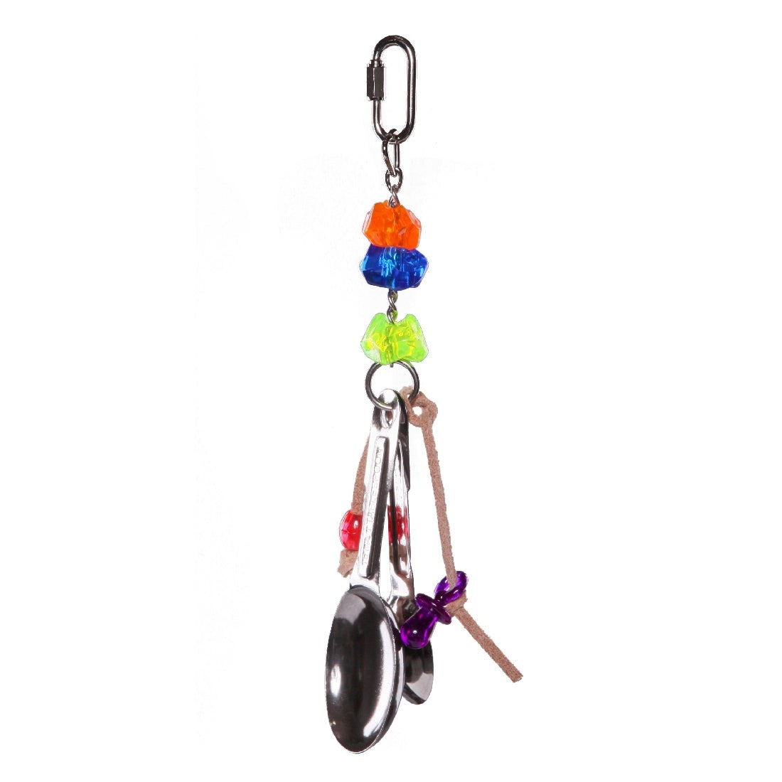 Colorful bird toy with beads, spoon, and leather on white background.