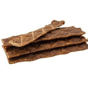 Blackdog brand natural jerky dog treats stacked on white background.