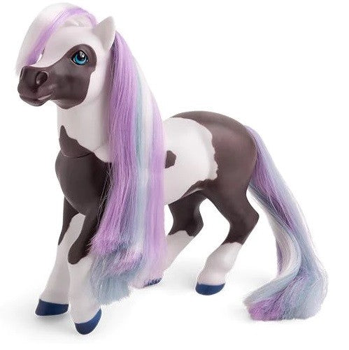 Breyer Horse Toy with black and white body and purple mane.