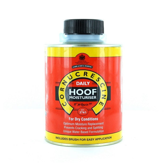 A container of Cornucrescine Daily Hoof Moisturizer for horses on a white background, highlighting it prevents cracking and splitting with an included application brush.