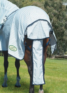 Horse covered with Eurohunter rug standing in a sunny field.