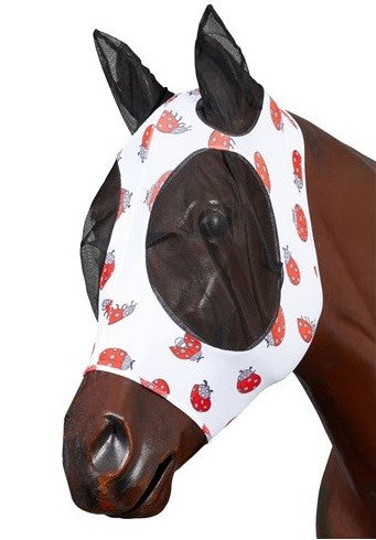 Horse wearing ladybug-patterned fly veil for horses on head.