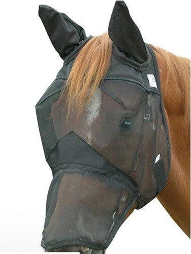 Fly veil for horses, black mesh covering head and ears.