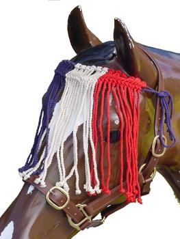 Fly veil for horses, red, white, and blue tassels.