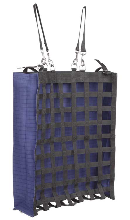 Hanging purple and black nylon mesh hay feeder for livestock.