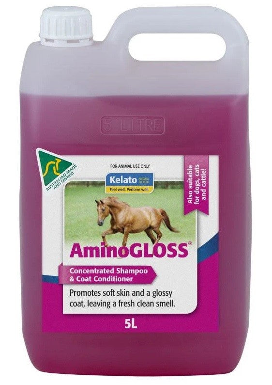 Kelato AminoGLOSS shampoo and coat conditioner, 5-liter bottle.