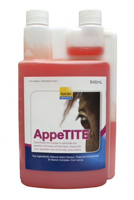 Kelato AppeTITE: Red liquid supplement bottle for stimulating horse appetite.