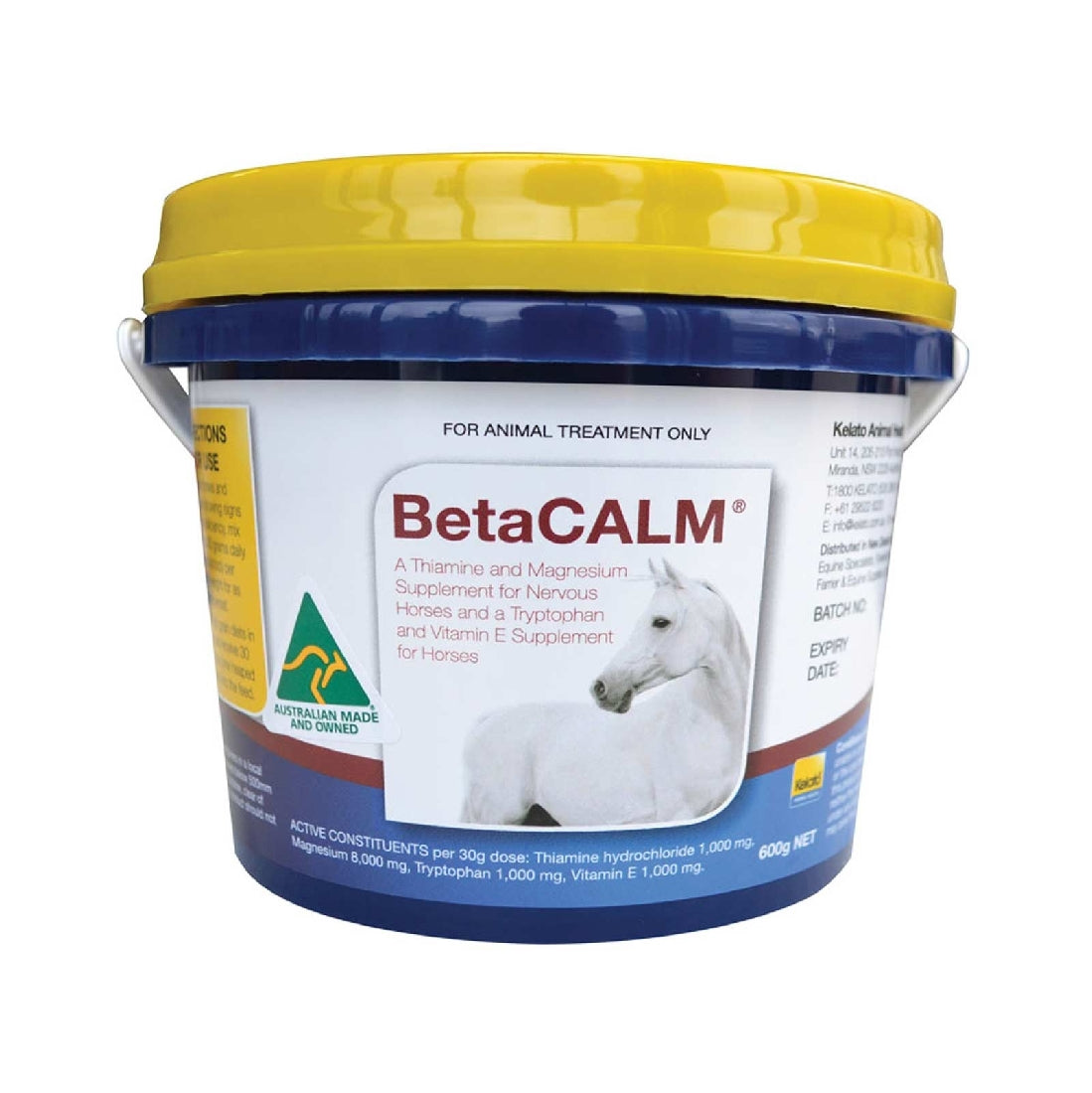 Kelato BetaCALM supplement container for calming nervous horses.