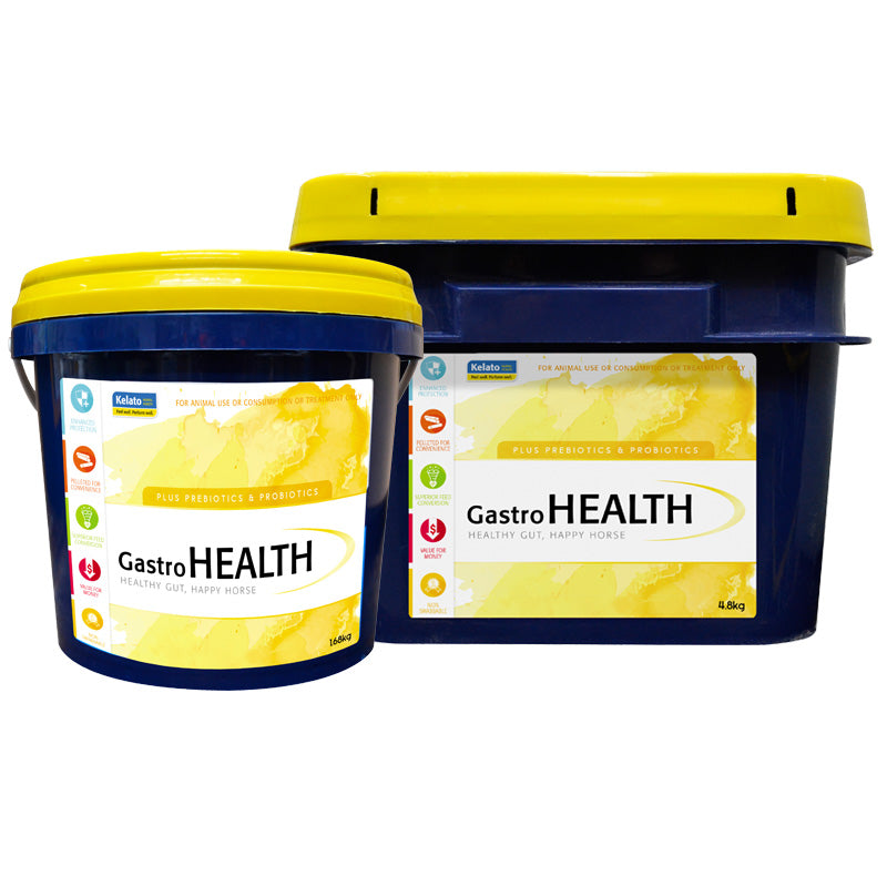 Kelato GastroHEALTH product containers with yellow lids and labels.