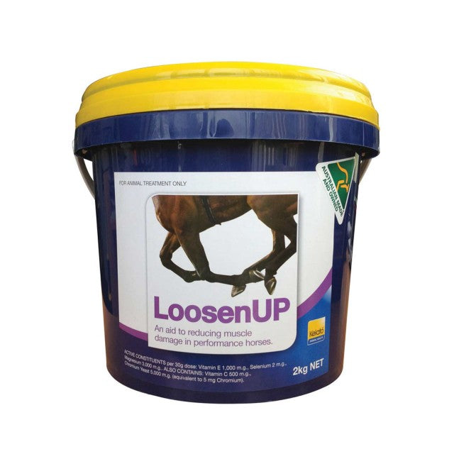 Kelato LoosenUP supplement container for reducing muscle damage in horses.