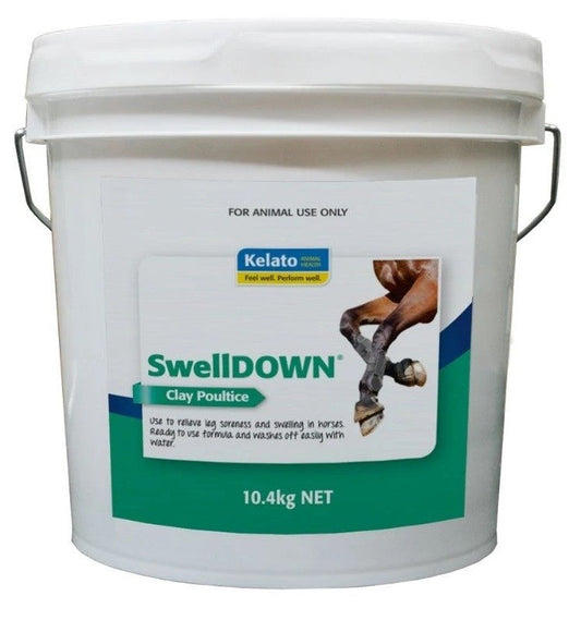 Kelato SwellDOWN Clay Poultice bucket for relieving horse swelling.