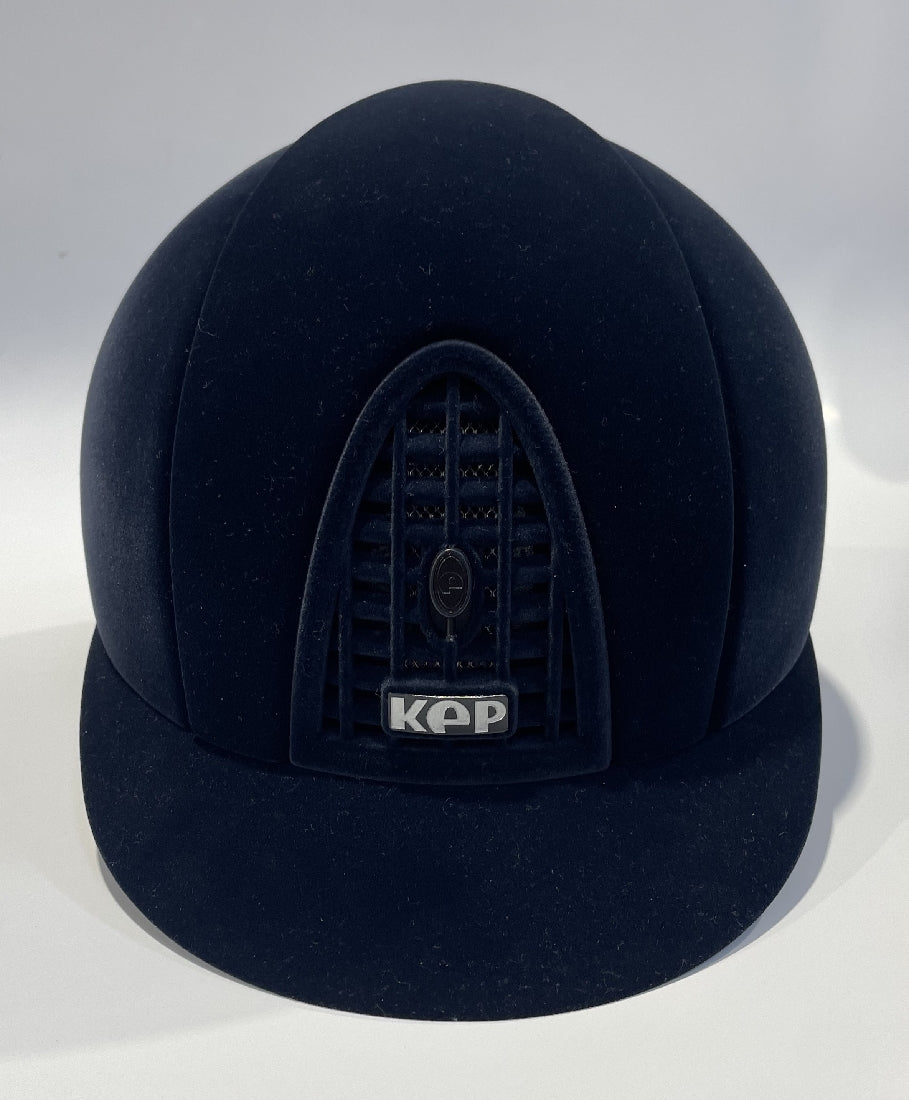 KEP brand black velvet equestrian riding helmet with front logo.