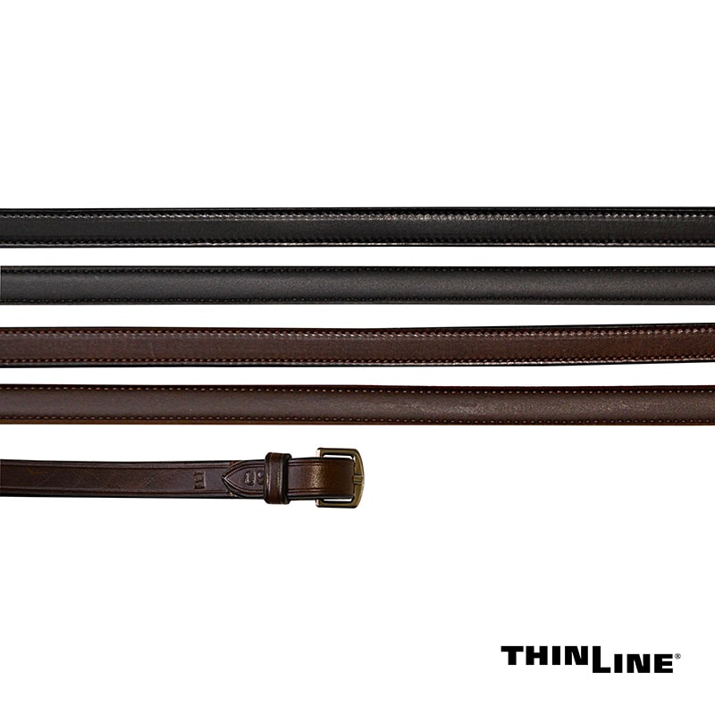 Thinline leather belts in black and brown colors displayed.