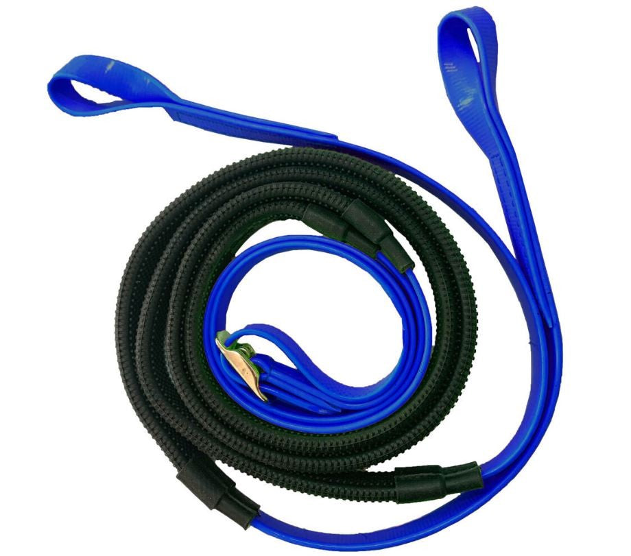 Coiled black and blue horse riding reins with loop ends.