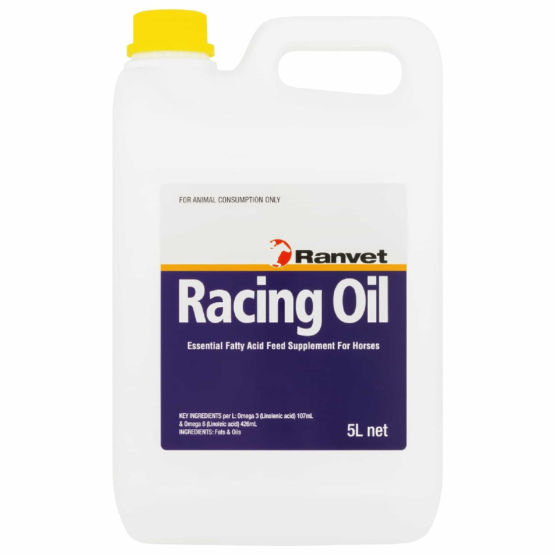 Ranvet Racing Oil joint supplements for horses, 5L bottle.