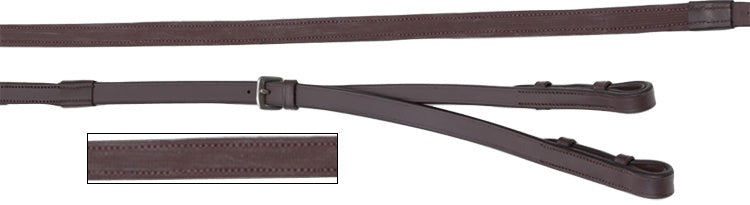 Brown leather horse riding reins with stitching and buckle.