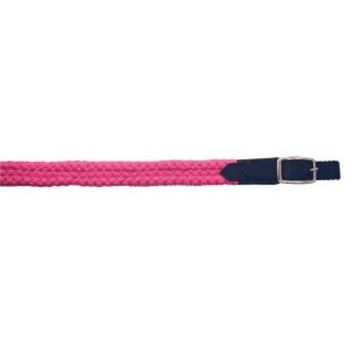 Pink braided horse riding reins with black leather strap end.