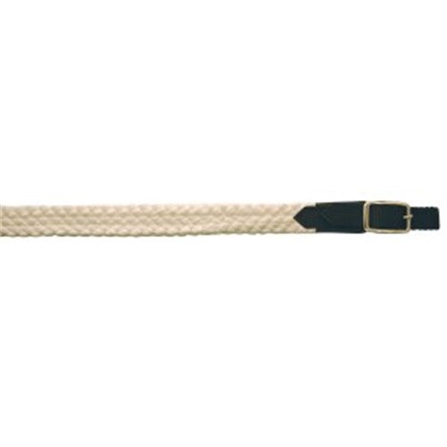 Woven beige horse riding reins with black leather and buckle.