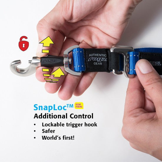 Hand demonstrating Rogz SnapLoc dog leash lock feature.