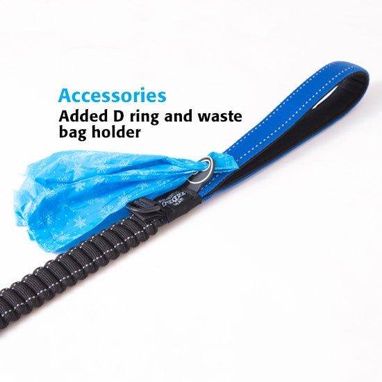 Rogz dog leash with D-ring and blue waste bag holder.