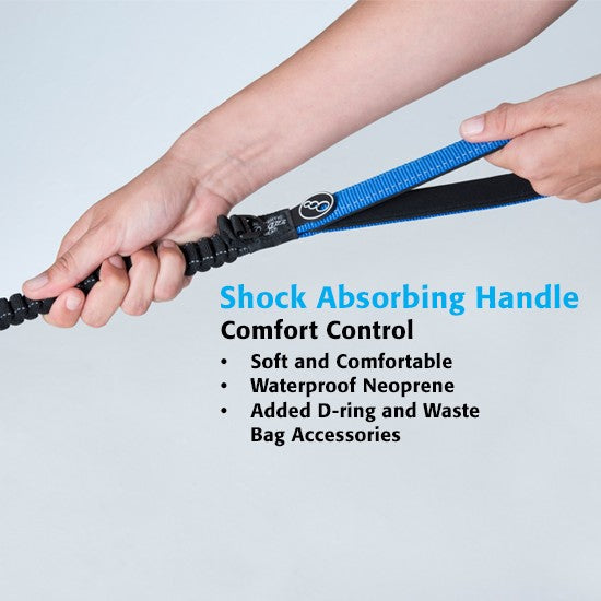 Hand holding a blue Rogz dog leash with comfortable grip.